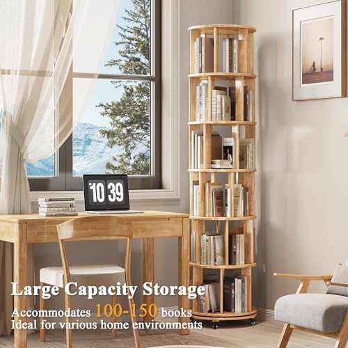 6 Tier Rotating Bookshelf Tower Spinning Bookshelf with Swivel Wheels Book Shelf Rotating Storage Tower for Kids Adult Narrow Walnut Solid Wood