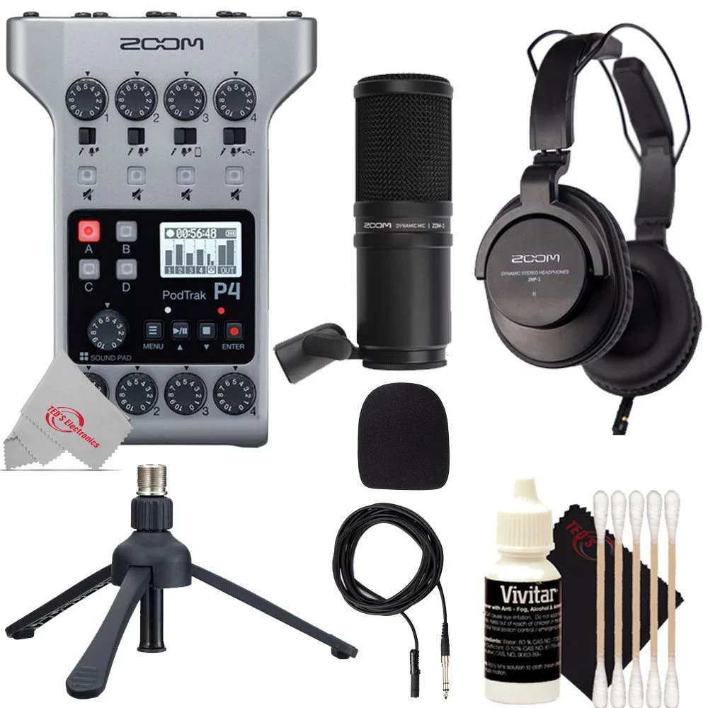 Zoom PodTrak P4 Multitrack Podcast Recorder with Mic Pack Accessory Bundle - Curated Treasures Market