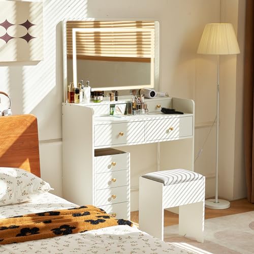 Vanity Desk with Mirror and Lights, Makeup Vanity Table with Drawers, Storage Stool