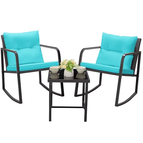 Greesum 3 Pieces Rocking Wicker Bistro Set, Patio Outdoor Furniture Conversation Sets with Porch Chairs and Glass Coffee Table, Beige