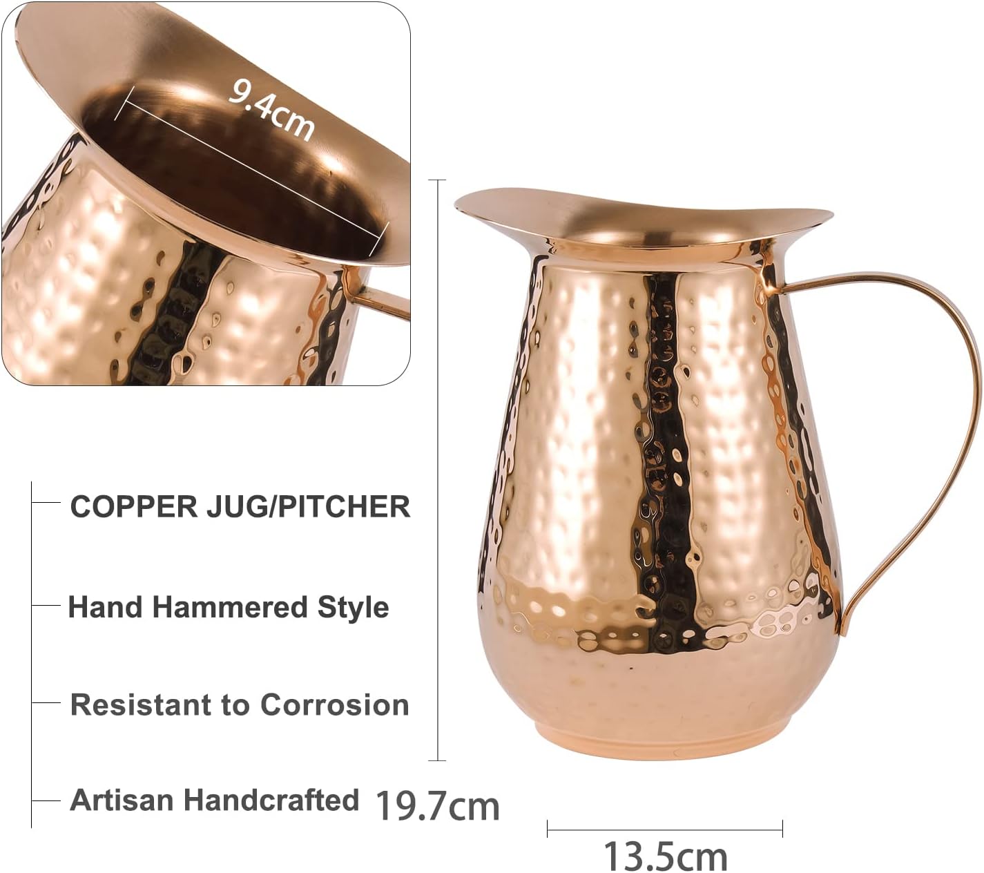 Pure Copper Water Pitcher with lid , 100% Solid Copper Jug, Capacity 70 Oz, Copper Hammered Vessel, Copper Carafe For Ayurveda Health