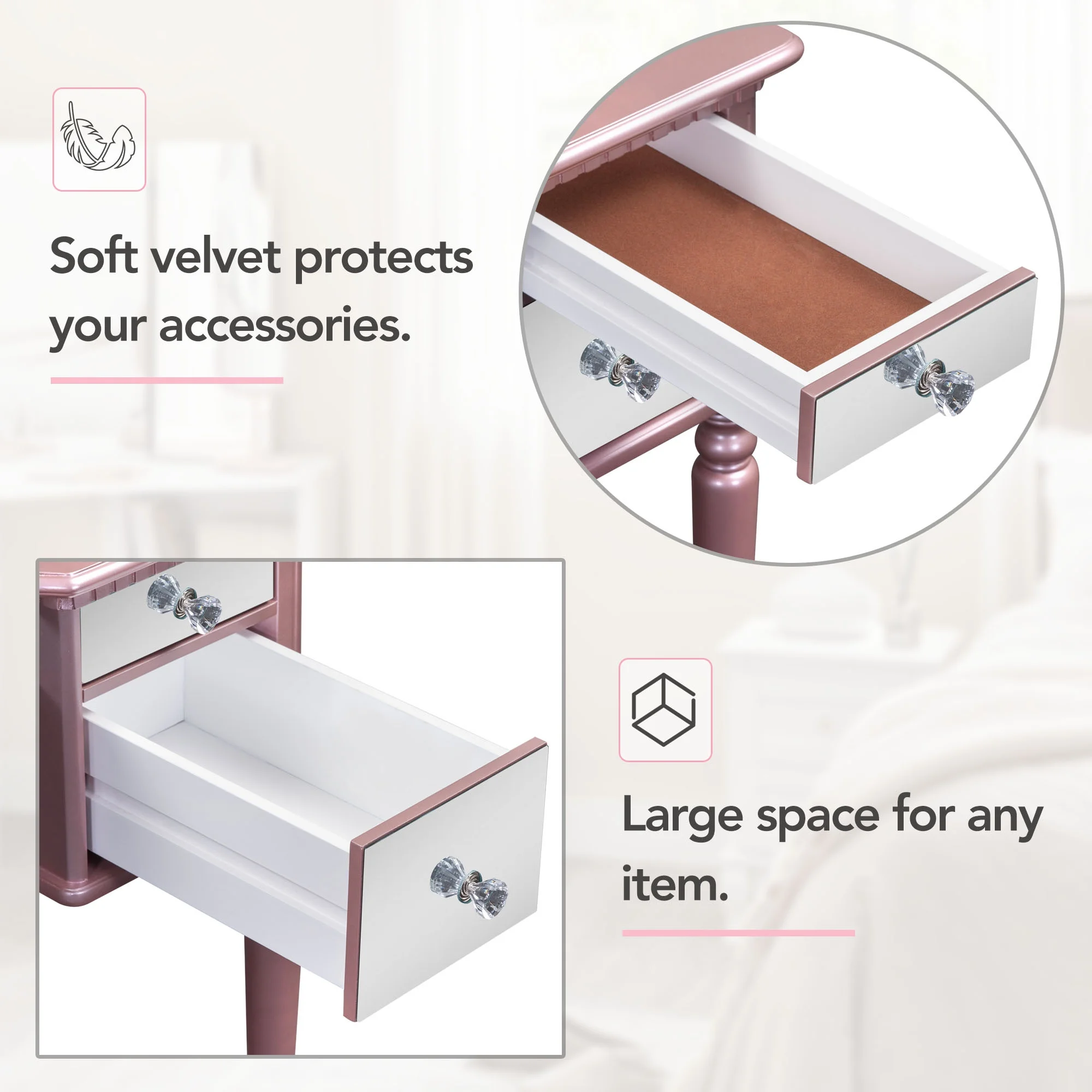 Soges Vanity Set with Tri-Fold Mirror Dressing Table Set with Mirrored Drawers and Stool, Makeup Vanity for Bedroom, Pink