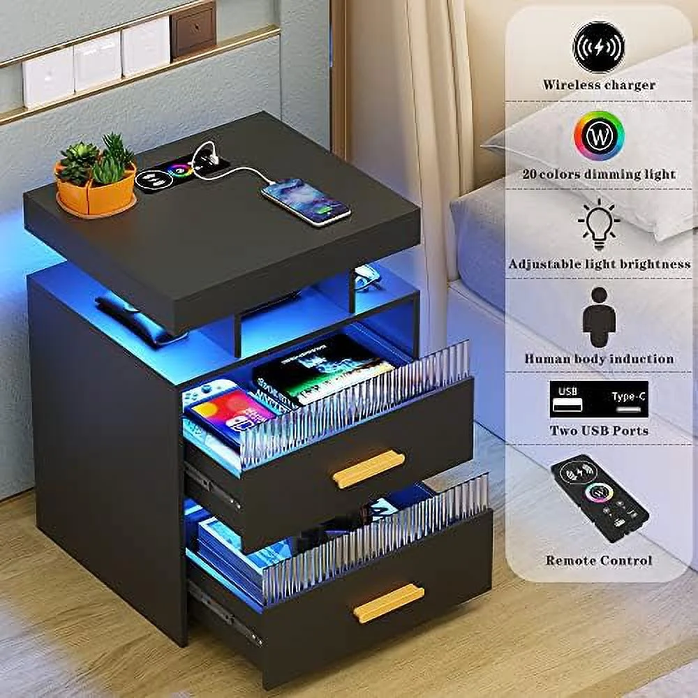 Nightstands Set of 2 with Charging Station  Smart Beside Table with 2 Drawers &amp; Touch Control LED Lights