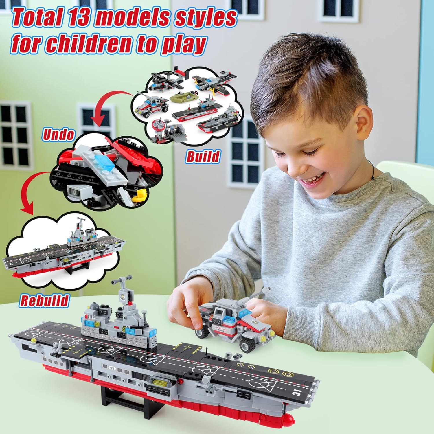 1161 Pieces Aircraft Carrier Building Blocks Set, 13 in 1 Military Battleship Model Building Toy Kit with Armored Tank, Fighter