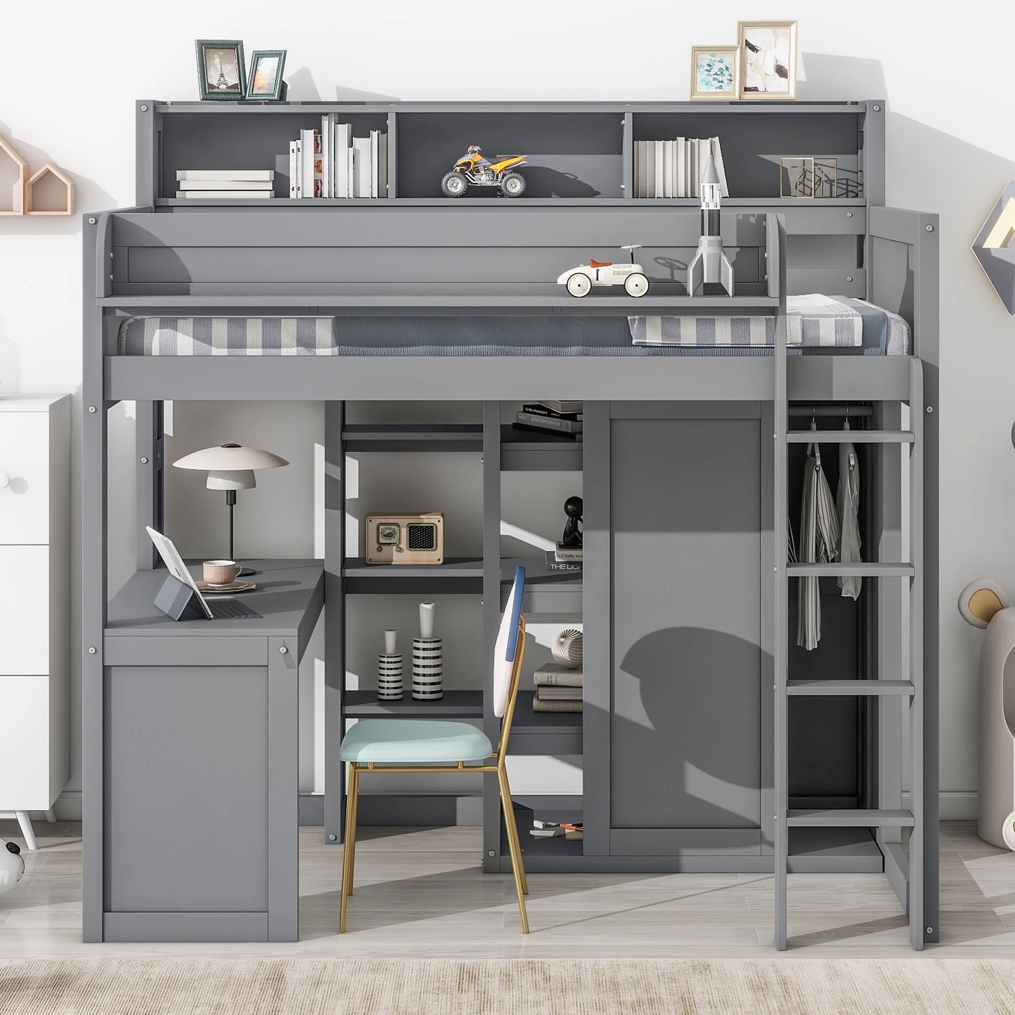 Euroco Pine Wood Twin Size Loft Bed with Desk, Wardrobe with Clothes Hanger and Display Shelves for Kids Bedroom, Gray