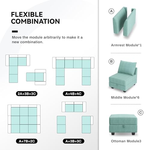 HONBAY Modular Sofa Sectional Sleeper Couch with Ottomans Reversible Sleeper Sectional Sofa Modular Couch with Storage, Aqua Blue