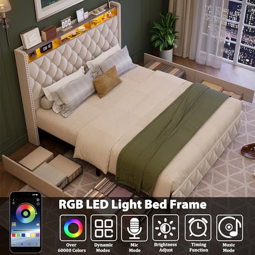 GarveeHome Queen Bed Frame with 50.8" Tall Headboard, Platform Velvet Upholstered Bed Frame with 4 Storage Drawers, USB Charging Station, Led Lights