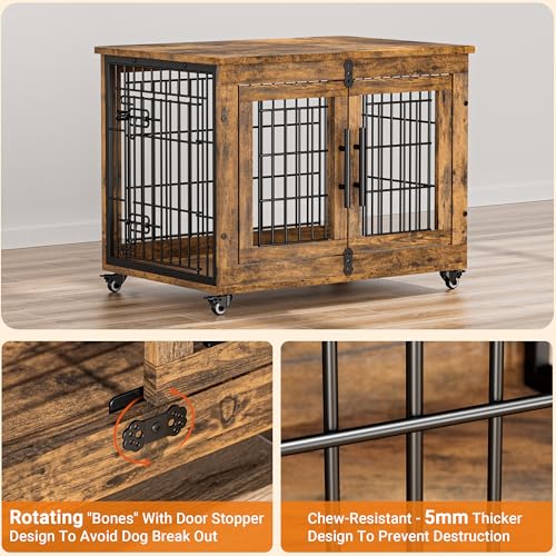 Lulive Dog Crate Furniture for Medium Dogs, 32'' Dog Kennel Indoor with Cushion & Wheels Wooden Dog Cage Double Doors Dog Crate End Table, Grey