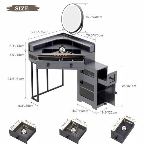 Corner Vanity Desk with Mirror and Lights, Modern Makeup Vanity with Charging Station & Human Sensor Light