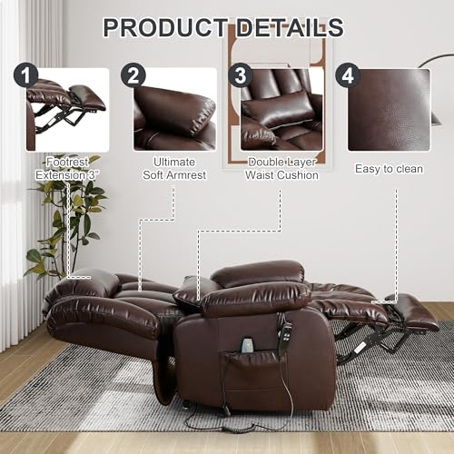 EDILLY Large Genuine Leather Power Lift Recliner Chairs for Elderly, Dual Motor with Massage and Heating,Double Lumbar Cushion and Extended Footrest