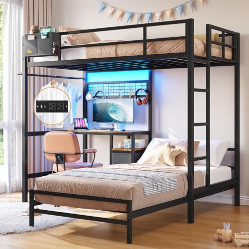 DICTAC Twin Over Twin Size Bunk Bed with Desk and Charging Station Metal Loft Bed with Led Lights & Storage Shelves and Drawers L-Shaped Bunk Bed for