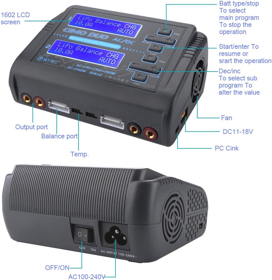 HTRC C240 Dual LiPo Balance Charger 1S-6S AC 150W DC 240W 10A RC Battery Charger Battery Charger Discharge for LiPo/Li-ion/Life(1-6s)