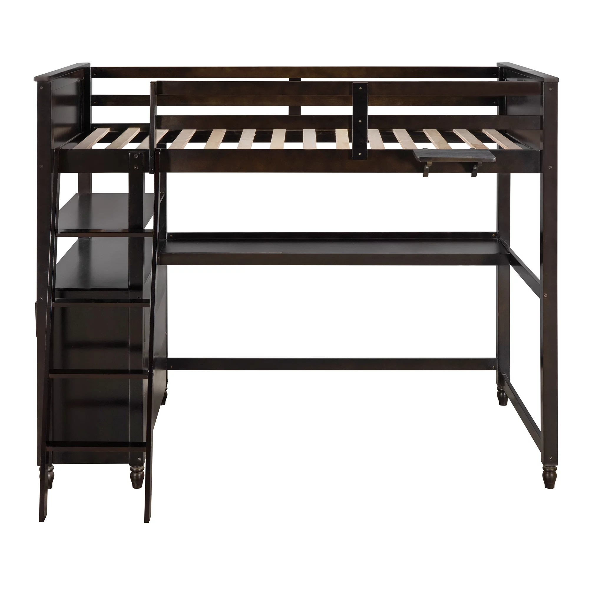 Pine Wood Twin Size Loft Bed with Desk and Shelves, Built-in Drawers, Space-Saving Dorm Apartment Bedroom Loftbed Frame W/Guardrail