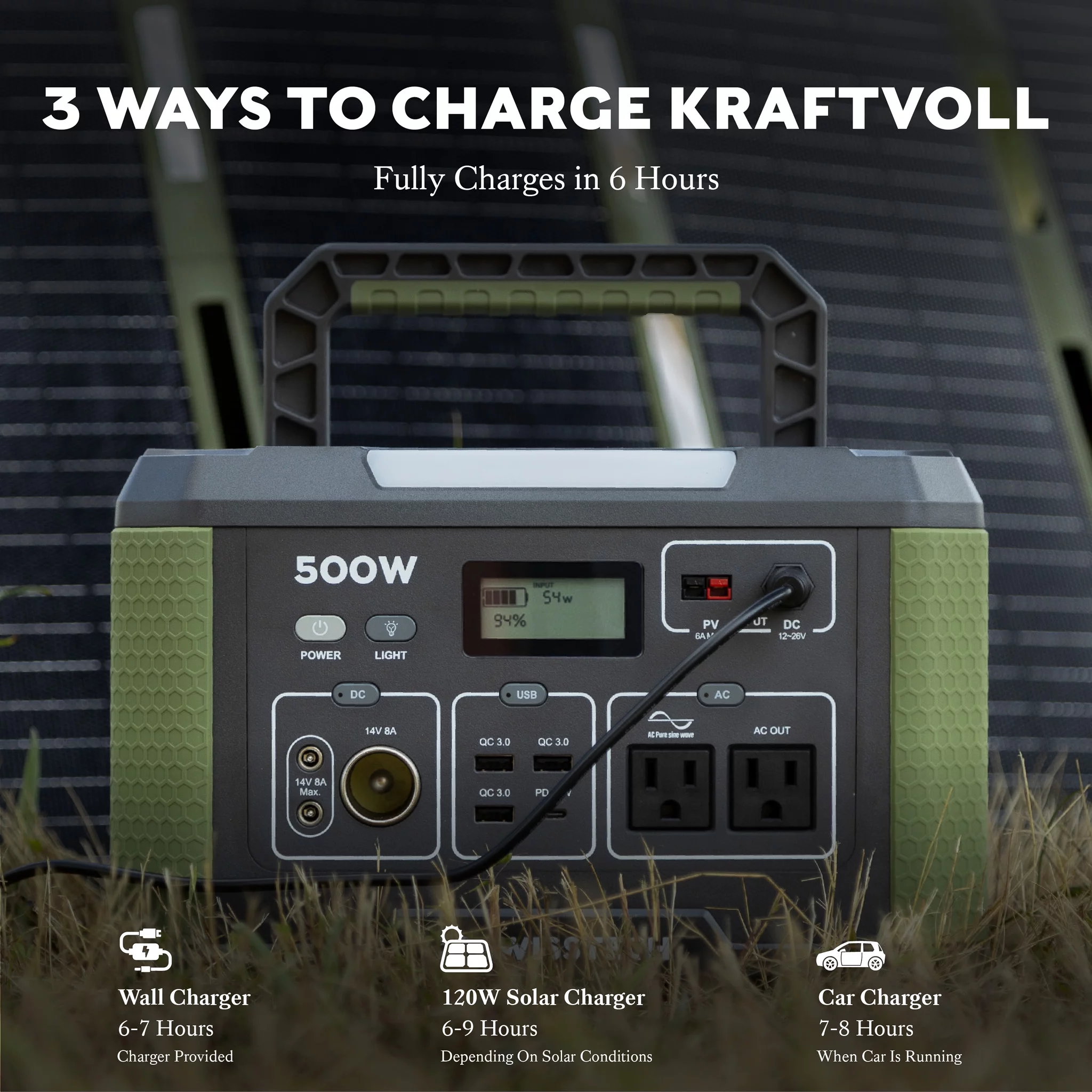 Swiss Tech 500W Portable Power Station, 519.4Wh, Solar Powered Battery for Camping and Travel Emergency