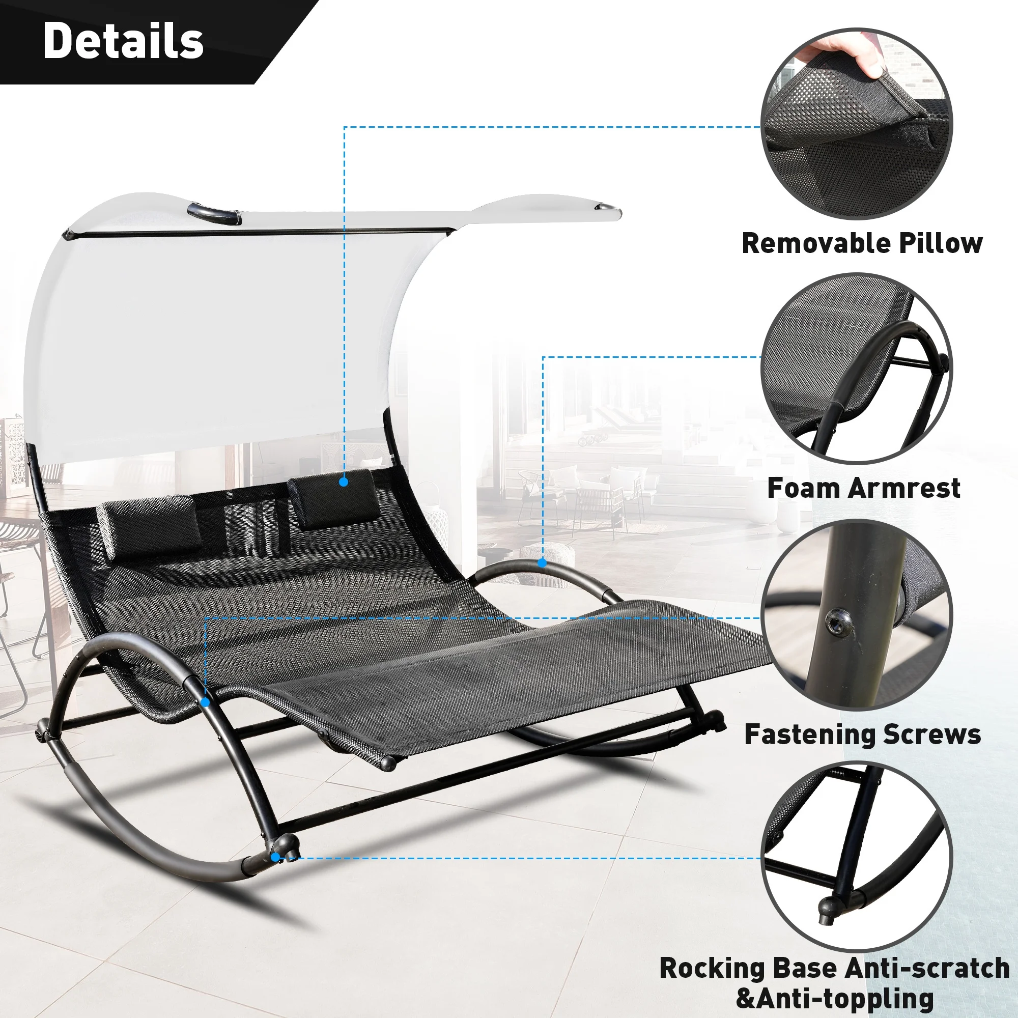 Outdoor Patio Chaise Lounge,Double Sun Lounger with Canopy, Removable Pillows for All Weather for Poolside, Patio, Beach, Yard, Deck