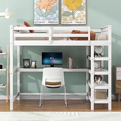 Harper & Bright Designs Full Loft Bed with Desk and Wardrobe,Solid Wood Loft Bed Frame Full with Storage Drawers for Kids Teens Adults