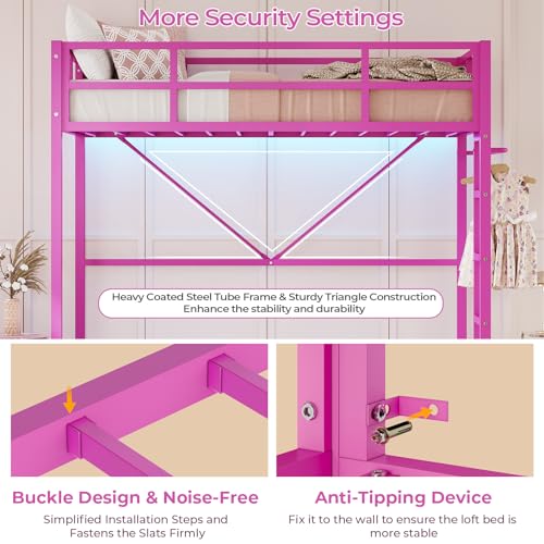 DICTAC Loft Bed Twin Size with Ladder and Guardrail,Metal Twin Loft Bed with Led Lights,Small Space Saving Furniture Design for Bedroom