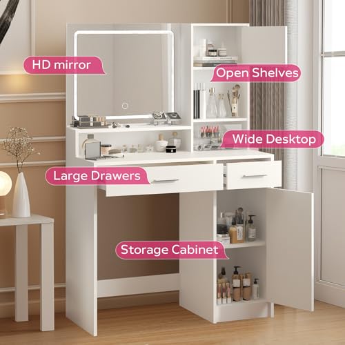 Vanity Desk with Mirror and Light, Large Drawer and Three Level Storage Dresser, 3 Lighting Modes Adjustable Brightness