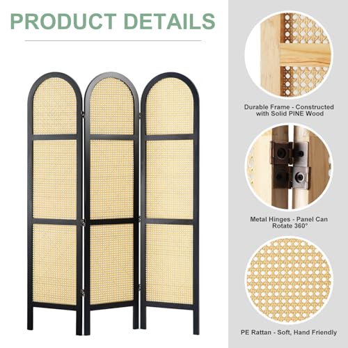 Room Divider and Folding Privacy Screens, Pine Wood 5.6 Ft Double Hinged Rattan Partition Freestanding Wall Room Divider for Home - 3 Panels