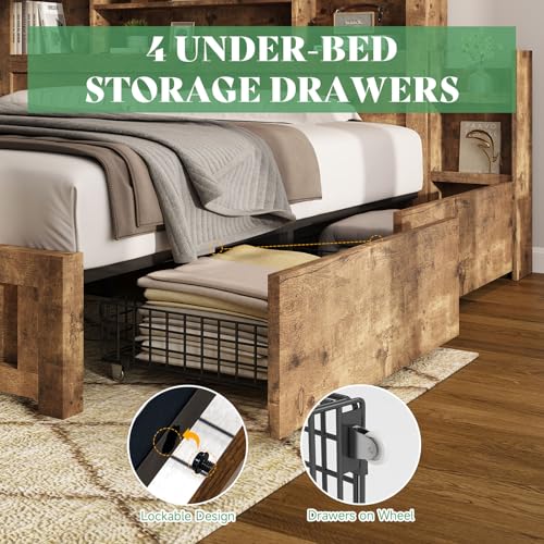 AMERLIFE Queen Bed Frame with 4 Storage Drawers, LED Platform Bed with 49" Bookcase Headboard