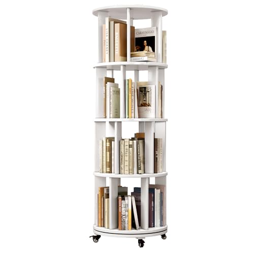 6 Tier Rotating Bookshelf Tower Spinning Bookshelf with Swivel Wheels Book Shelf Rotating Storage Tower for Kids Adult Narrow Walnut Solid Wood