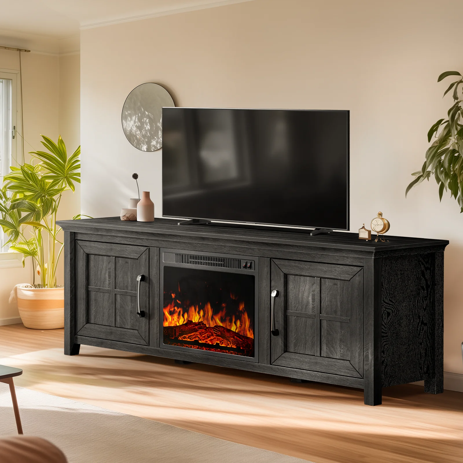 Fireplace TV Stand for 70 inch TV Fireplace Entertainment Center with Adjustable Shelves TV Console Table for Living Room Bedroom