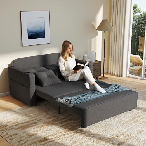 3 in 1 Pull Out Couch, 56 Inch Convertible Sleeper Sofa Bed, Loveseat Sofa with Cup Holders, USB, Sofa Couches for Living Room, Bedroom, Apartment