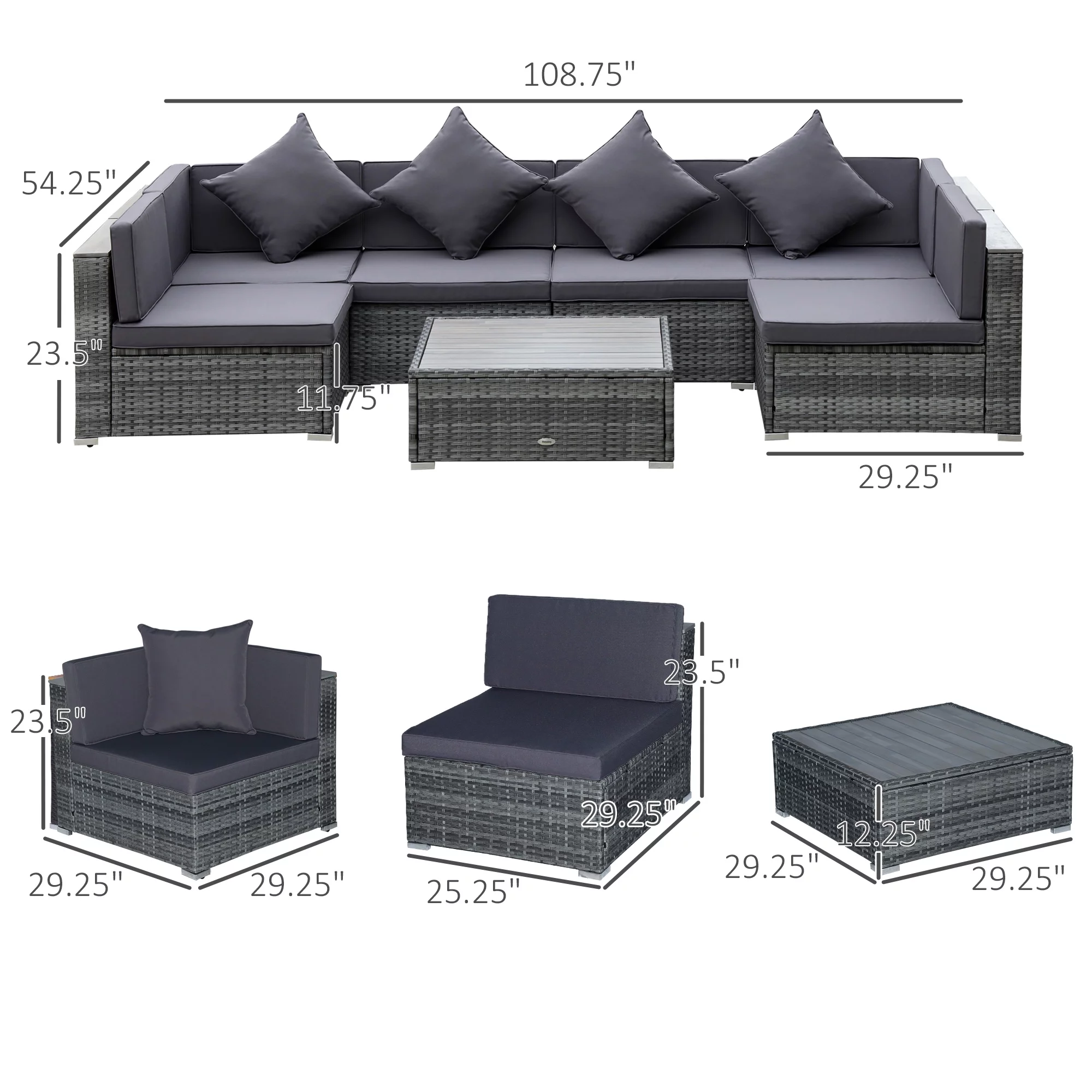 Outsunny 7-Piece Patio Furniture Sets PE Rattan Sectional Sofa Set Outdoor Conversation Set w/ Acacia Top Coffee Table & Cushion for Garden, Backyard