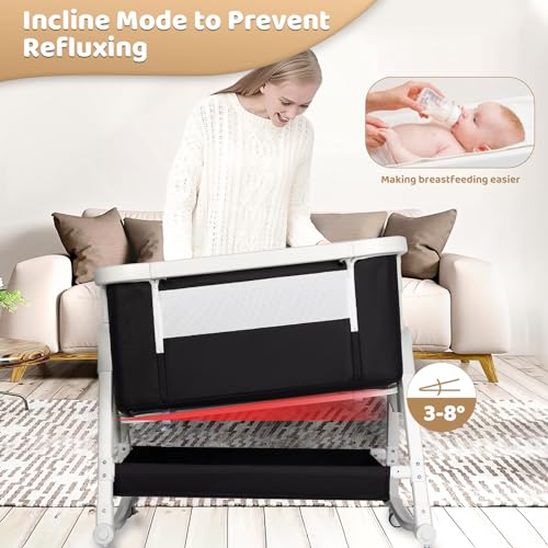 4 in 1 Baby Bassinet, Bassinet Bedside Sleeper with Wheels and Storage Basket, Adjustable 7 Heights Bedside Sleeper with Changing Station