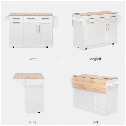 Ball & Cast Farmhouse Kitchen Island with Drop Leaf & Barn Door,Rolling Kitchen Cart on Wheels with Power Outlet,3 Large Drawers