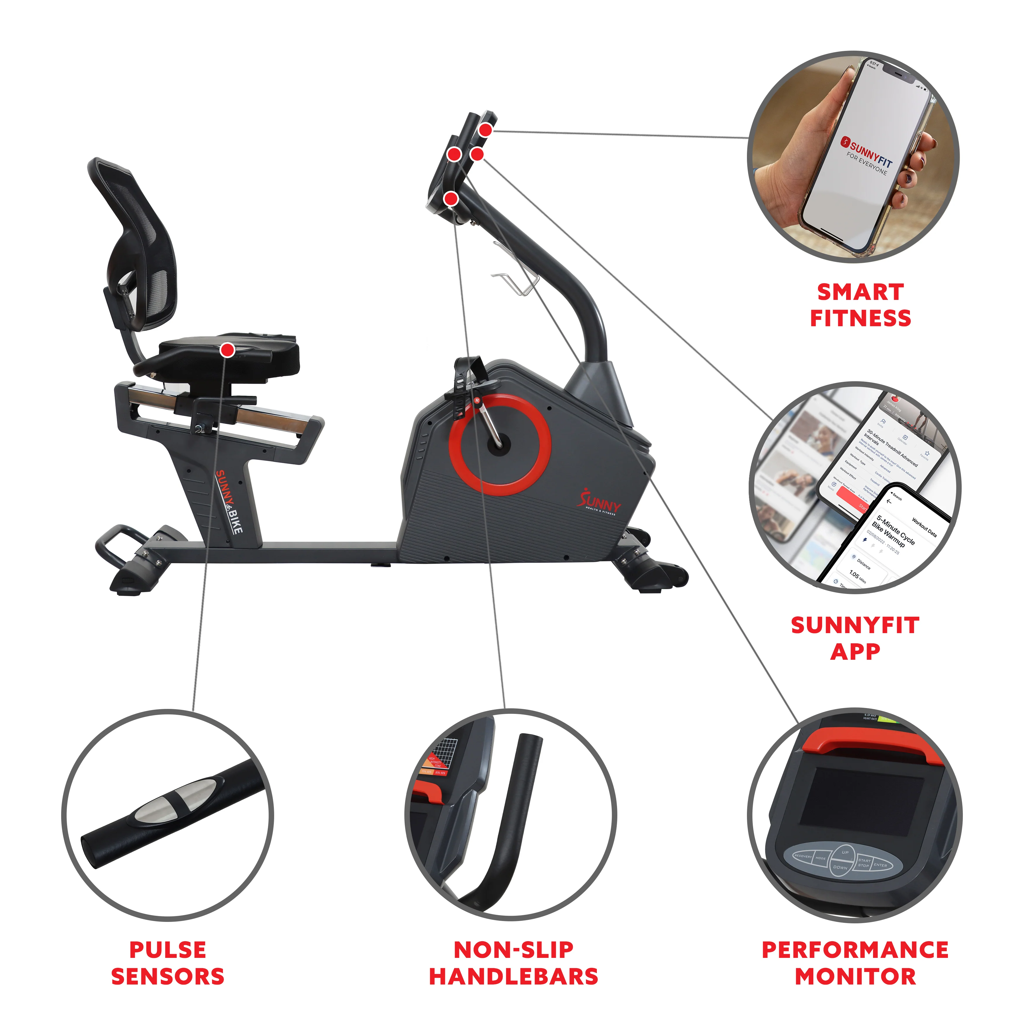 Sunny Health & Fitness Premium Magnetic Resistance Smart Recumbent Bike with Exclusive SunnyFit® App Enhanced Bluetooth Connectivity - SF-RB4850SMART