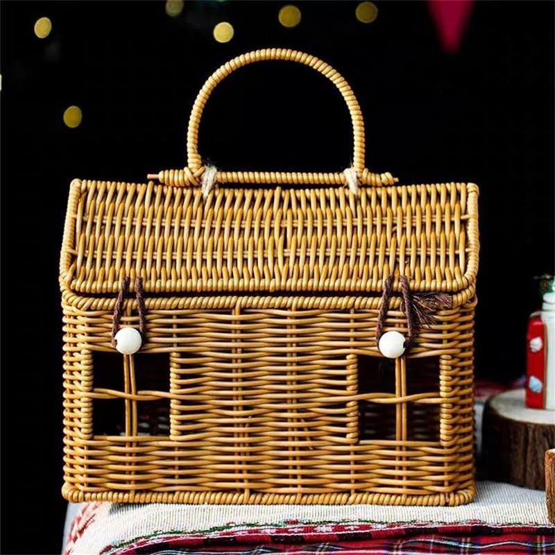 Rattan House Shaped Basket with Lid, Decorative Hand Woven Shelf Organizer with Folding Handle, Harvest Wicker Basket for Picnics, Easter, Organizing