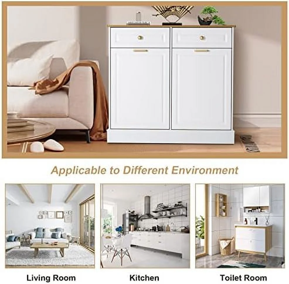 HOOMHIBIU Double Barn Door Style Trash Cabinet  Double Tilt Out Trash Cabinet with Solid Hideaway Drawer Rustic Kitchen Trash Cabinet Free Standing