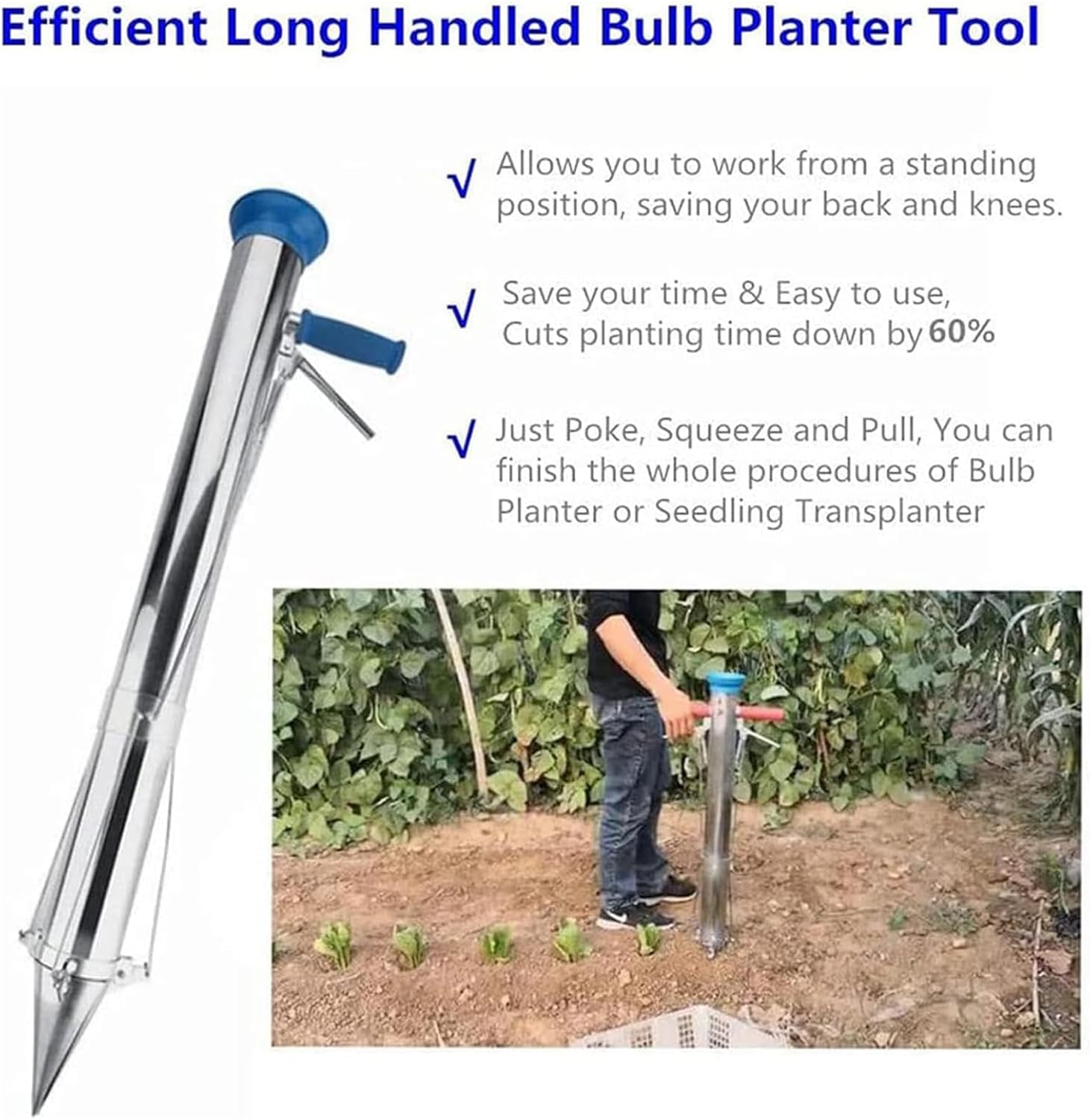 Long Handle Vegetable Planter, Garden Seedling Tool, Multi-Functional Vegetable Seedling Transplanter with Soft Grip and 12CM Depth