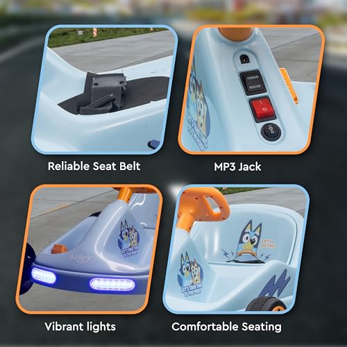 Bluey 12V Electric Go Kart for Kids, Electric Ride-On Toy with Lights, Seat Belt, Ages 3-6, Durable PVC and Iron Construction, Rechargeable Battery