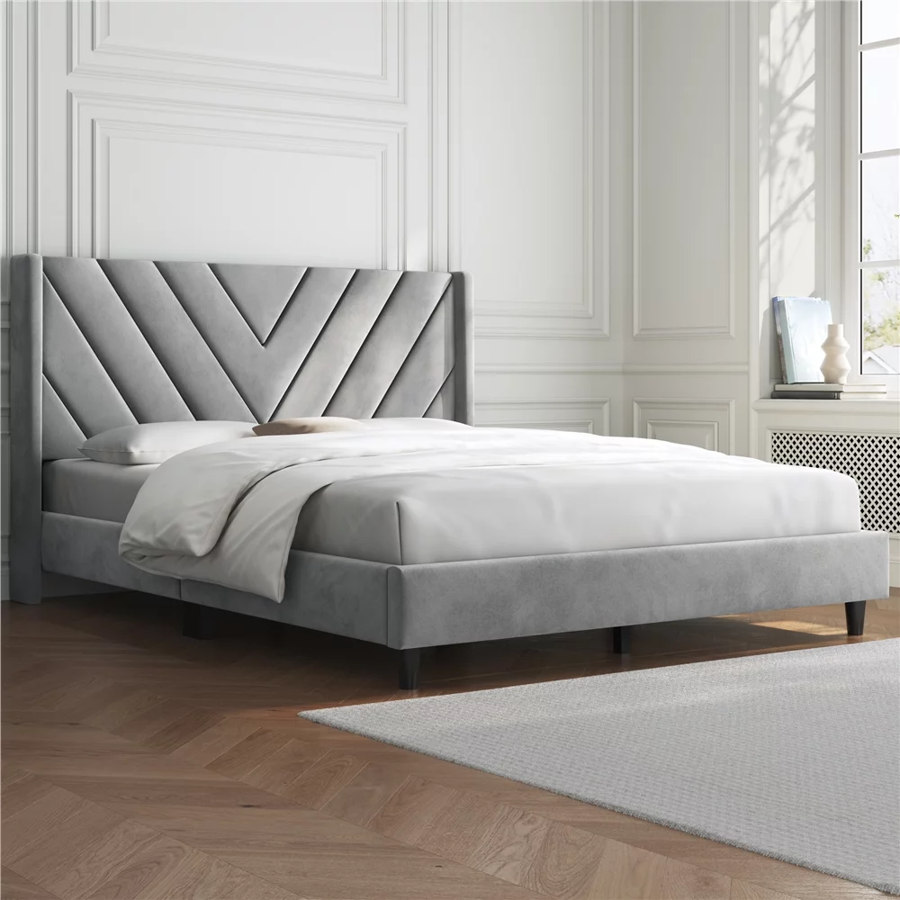 Topeakmart Full Modern Upholstered Bed with Wooden Slat Support, Light Gray