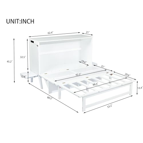 Queen Murphy Bed with Desk and Removable Shelves on Each Side, Murphy Bed Chest Murphy Bed Frame w/USB Port for Home Office, Studio or Guest Room