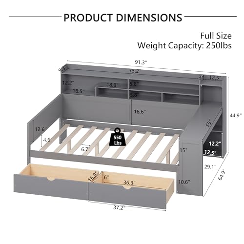 Corner Twin Bed Frame with Bookcase Storage and Desk, Wood Day Beds with 2 Drawers, Twin Size Daybed with Storage for Living Room
