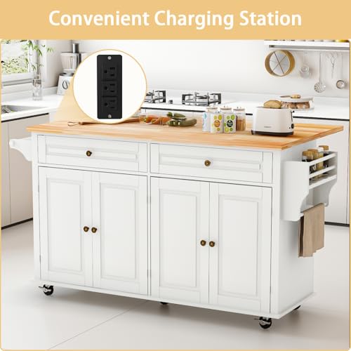 67’’ Movable Kitchen Island with Drop Leaf and Power Outlet, Lockable Sliding Countertop Rolling Island Cart with 2 Large Drawers, Spice, Towel Rack