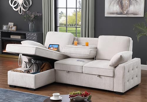 L-Shaped Pull Out Sleep Sofabed,Modern Reversible Sleeper Sectional Sofa Chenille Upholstered Button Tufted Decor with Storage Chaise