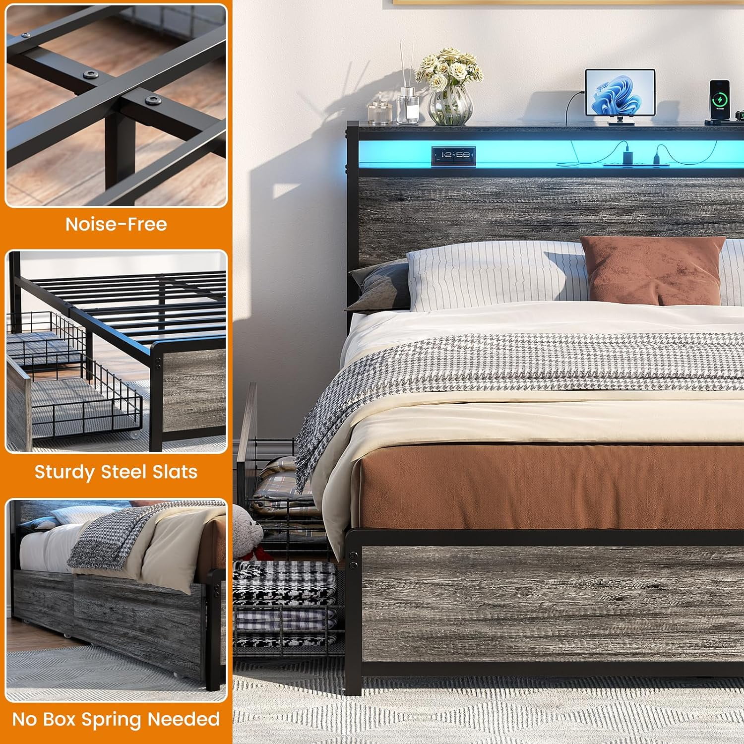 Homieasy Queen Size Bed Frame with LED Lights and 4 Storage Drawers, Industrial Platform Bed with Headboard and Charging Station, Steel Slat Support