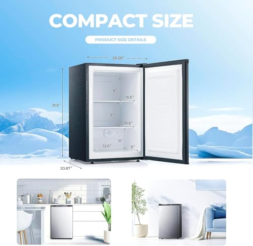 3.0 Cu.ft Upright Freezer, Small Mini Freezer with Adjustable Thermostat, Removable Shelves, Reversible Single Door, for Bedroom/Home/Dorms/Apartment