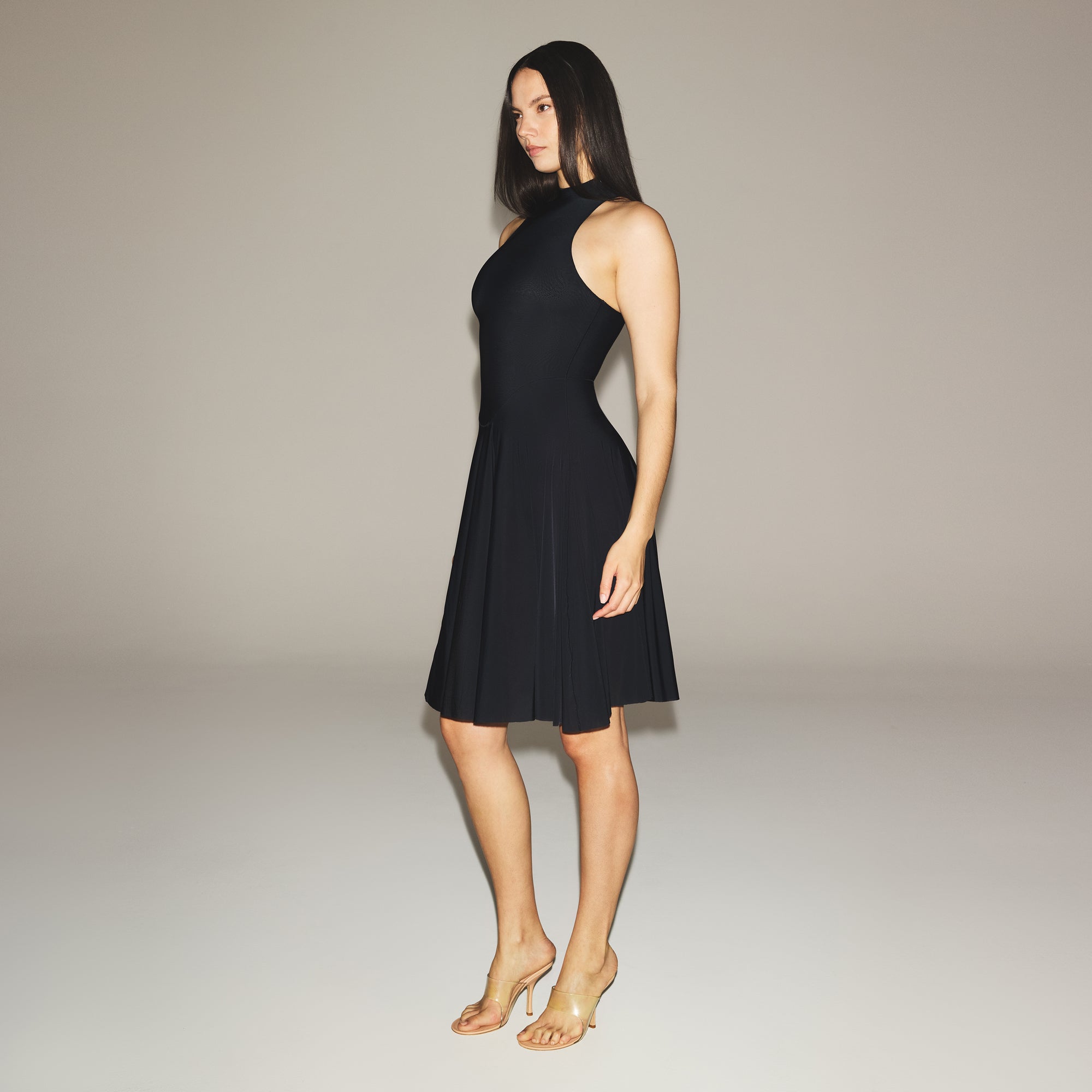 MILKY SHEER HIGH NECK MIDI DRESS | OBSIDIAN