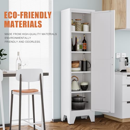 Tall Bathroom Cabinet,Narrow Metal Storage Cabinet with 5 Adjustable Shelves and Single Barn Door,Slim Pantry Storage Organizer for Bathroom,Kitchen