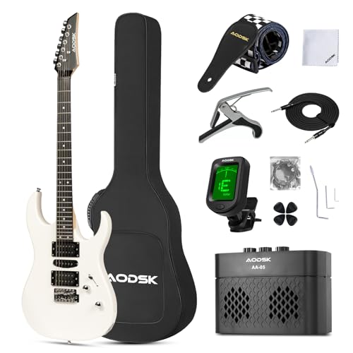 AODSK Electric Guitar with Amp Beginner Kit 39 Inch Solid Body Full Size,All Accessories,Digital Tuner,Six Strings,Four Picks,Tremolo Bar,Strap