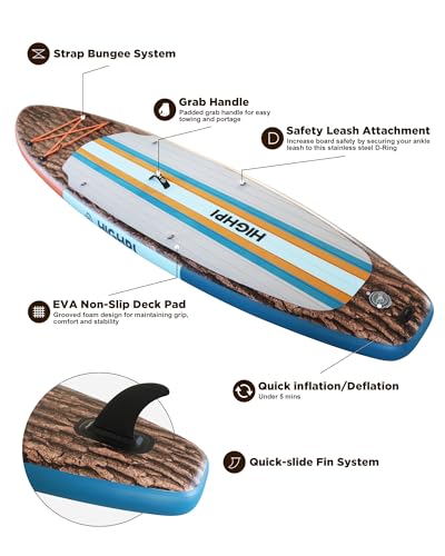Highpi Inflatable Stand Up Paddle Board Premium SUP Accessories, Backpack, Wide Stance, Surf Control, Non-Slip Deck, Leash, Paddle and Pump