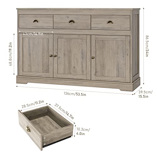 Keyluv White Buffet Cabinet Storage Sideboard Farmhouse Server Bar Wine Cabinet with 3 Drawers & 3 Doors Adjustable Shelves Console Table for Dining
