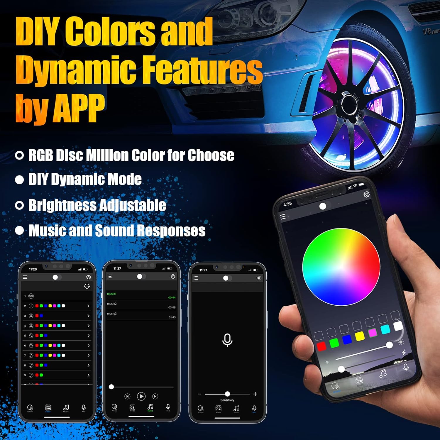 Funomo LED Wheel Lights for Truck / Car / ATV / UTV, Tires Lights with Color Chasing, DIY Color and Dynamics, Adjustable Brightness, IP67 Waterproof