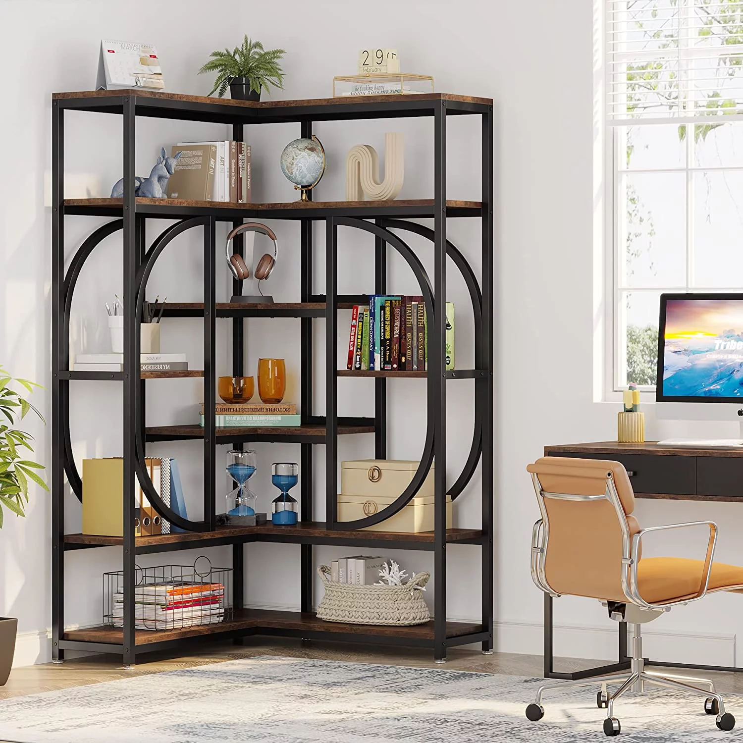 Tribesigns L Shaped Corner Bookshelf, Large 7 Shelf Corner Bookcase Display Rack for Home Office, Rustic Brown & Black