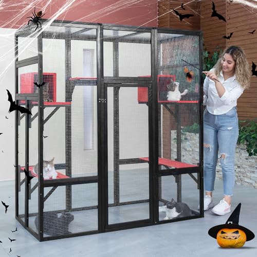 COZIWOW 70Inches Large Stable Spacious Wooden Catio Outdoor Cat Enclosure with Perches and Condos, Cat Cage Indoor with Waterproof Roof